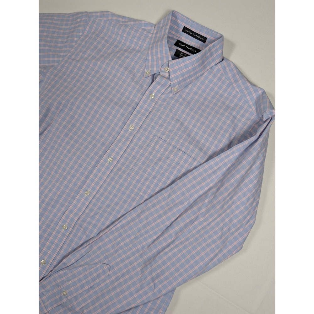 Paul Fredrick Men's 16.5x37 Slim Fit Blue Pink Plaid Non-Iron Shirt